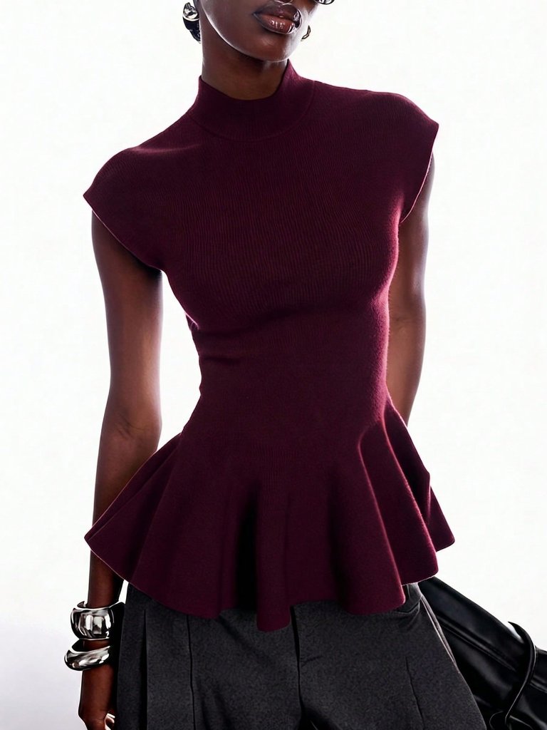 Burgundy Casual Women's Elegant Versatile Ruffle Hem Knit Top
